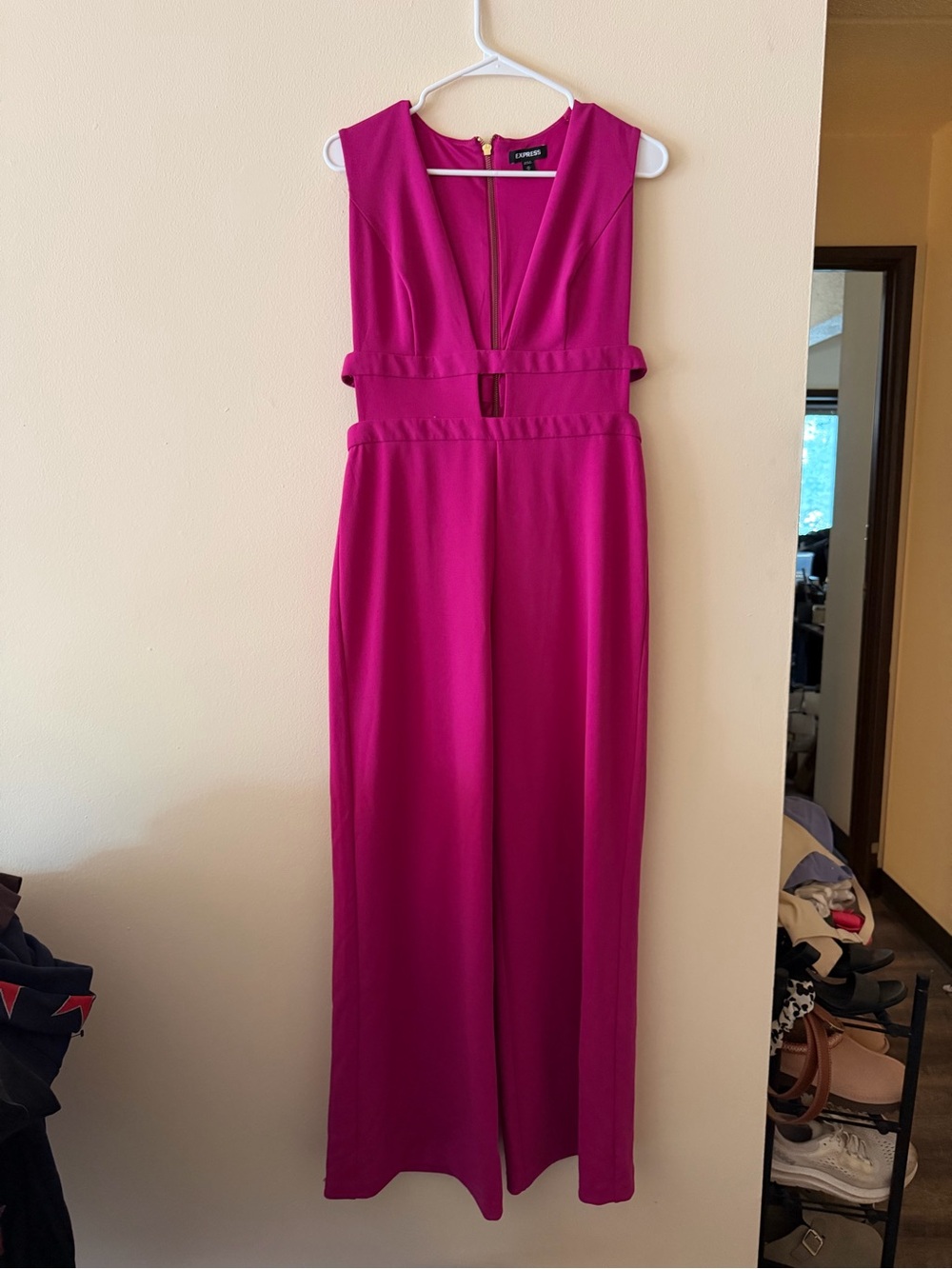 Express Magenta Deep V-Neck Sleeveless Jumpsuit